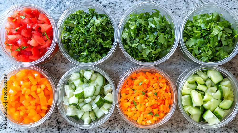 Chopped Vegetables in Glass Jars Chopped Vegetables in Glass Jars