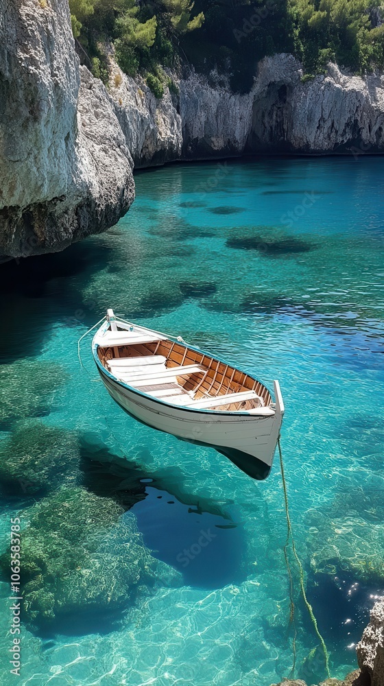 Obraz premium Discover serenity a small boat moored in crystal-clear turquoise waters
