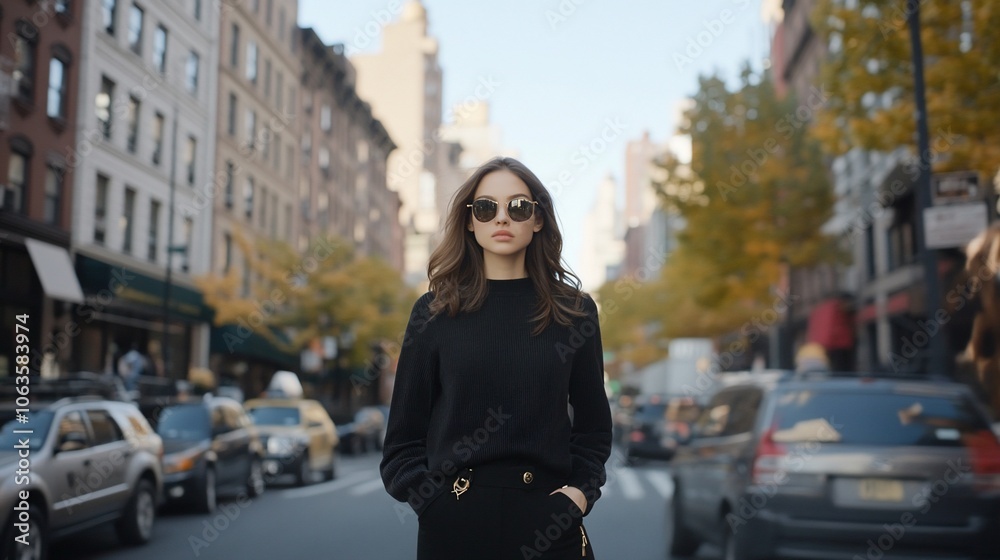 Fashionable woman wearing sunglasses and black sweater walking on city street. Fashionable woman wearing sunglasses and black sweater walking on city street.