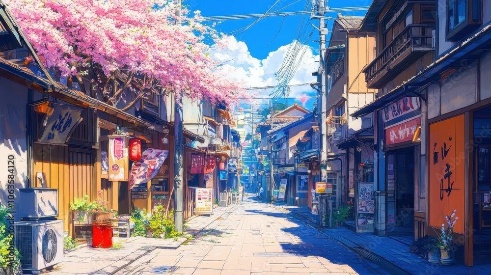 Obraz premium Experience the tranquil beauty of blossoming cherry trees along a serene spring street