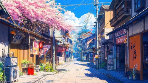 Experience the tranquil beauty of blossoming cherry trees along a serene spring street