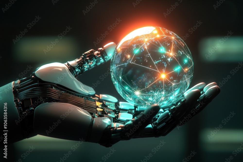 Robotic Hand Holding a Glowing Global Network Sphere Robotic Hand Holding a Glowing Global Network Sphere