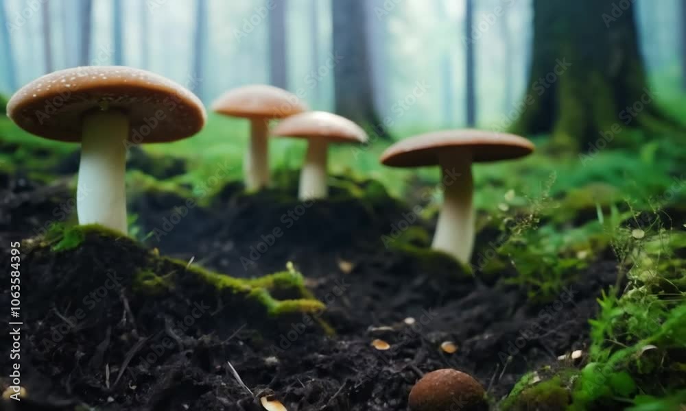 Growing mushroom in forrest. Generative AI Growing mushroom in forrest. Generative AI