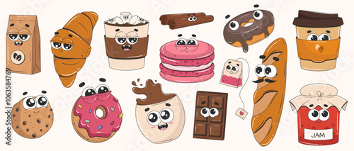 Big collection of cartoon groovy food and drink characters. Cute retro desserts set. Donut, chocolate, coffee, croissant, cookie, macaroon, baguette, jam. Stickers of 70s 80s style. 