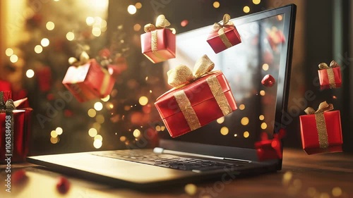 Christmas gifts flying out of laptop screen. Online shopping concept, Christmas gift selection, Christmas shopping