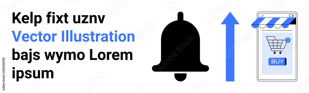 Icons include a shopping cart within a mobile phone, notification bell, and upward blue arrow. Ideal for e-commerce, online shopping, mobile apps, notifications, digital marketing, web design Icons include a shopping cart within a mobile phone, notification bell, and upward blue arrow. Ideal for e-commerce, online shopping, mobile apps, notifications, digital marketing, web design