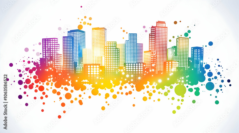 Fototapeta premium Colorful city skyline with rainbow dots background.