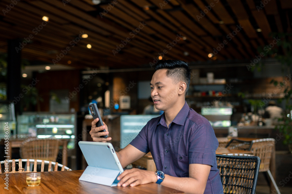 Young Professional Enjoying Remote Work in Cozy Cafe or Coffee Shop while using gadget Young Professional Enjoying Remote Work in Cozy Cafe or Coffee Shop while using gadget