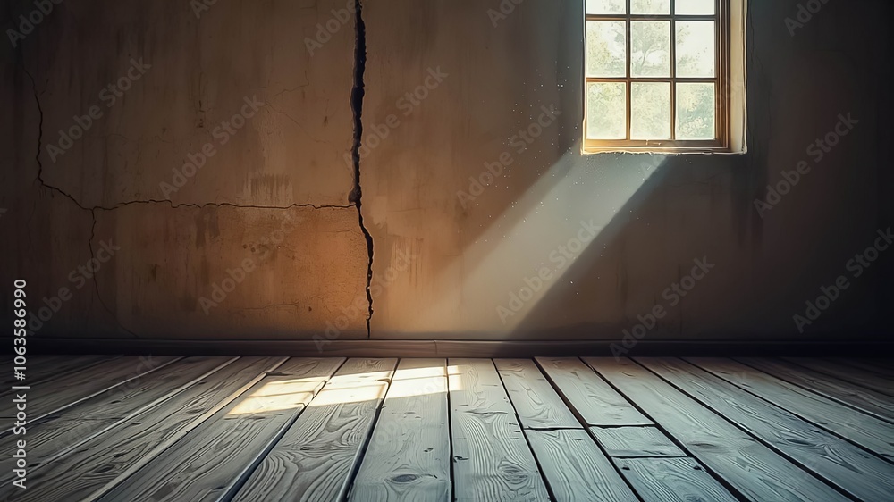 A single window casting a beam of light on a weathered wooden floor, revealing a crack in the wall, suggesting a passage of time and a glimpse of hope. A single window casting a beam of light on a weathered wooden floor, revealing a crack in the wall, suggesting a passage of time and a glimpse of hope.