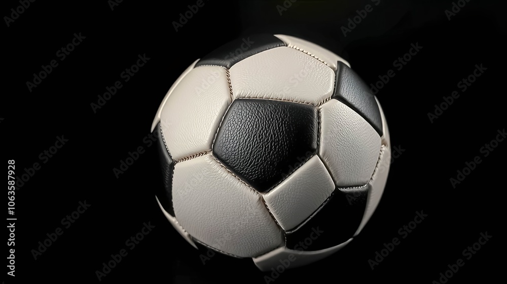 A classic black and white football resting on a dark surface, its stitched leather panels revealing a timeless design. A classic black and white football resting on a dark surface, its stitched leather panels revealing a timeless design.