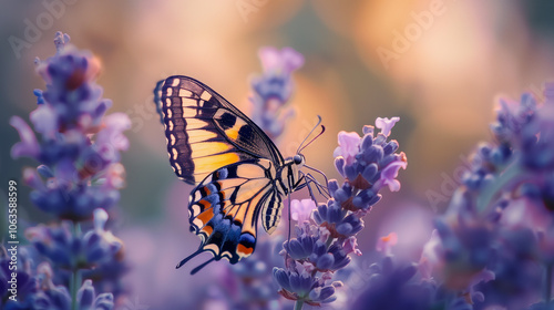 Butterfly perched on lavender flowers with soft lighting