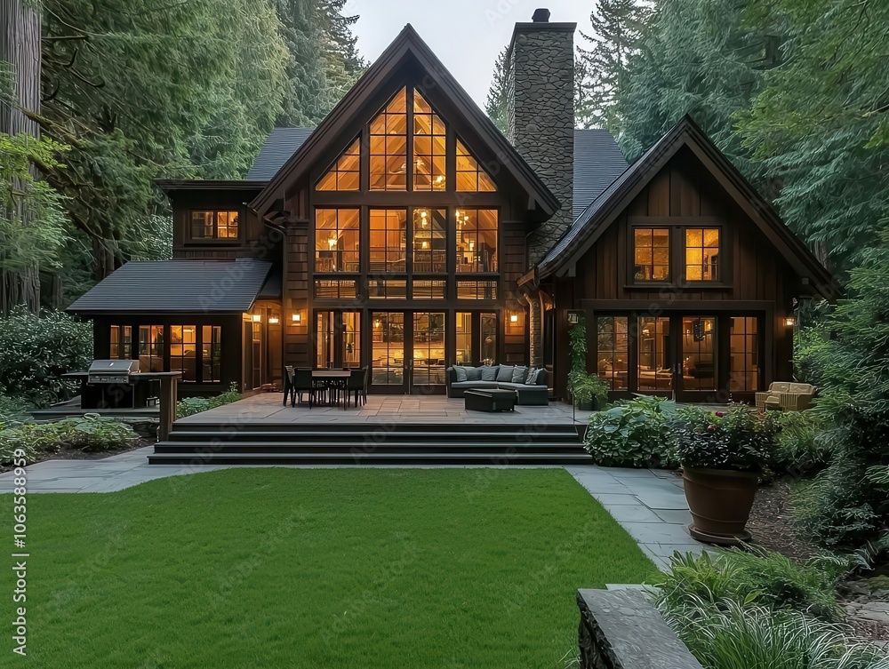 Large redwoods surrounding a traditional house, spacious and earthy yard, woodsy ambiance Large redwoods surrounding a traditional house, spacious and earthy yard, woodsy ambiance