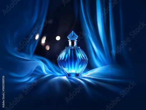 A single bottle of perfume stands on a soft blue fabric. The bottle is crystal-shaped and filled with blue liquid. The bottle is lit from behind, casting a blue glow. The background is blurred and dar photo