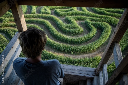 From a wooden tower, a boy looks over a lush corn maze, contemplating his route through the tall plants, ready to navigate the twists and turns of his adventure.