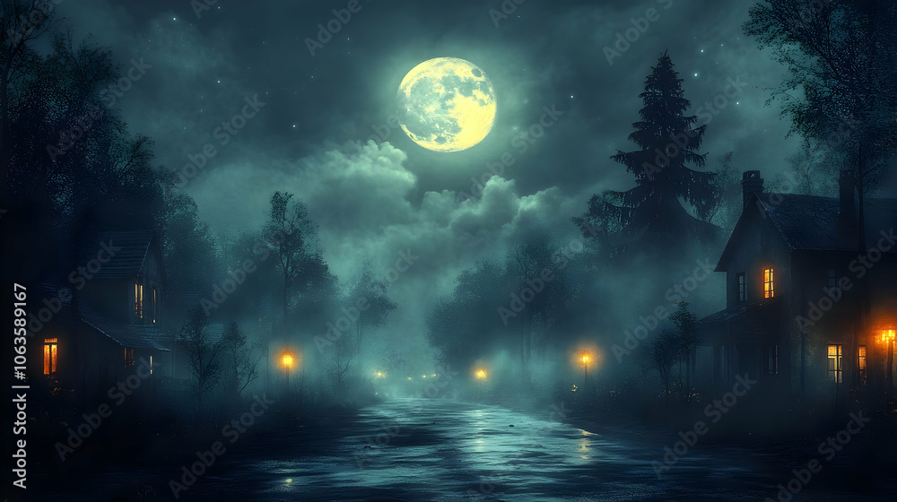 Naklejka premium Nighttime Village Street with Full Moon Illustration