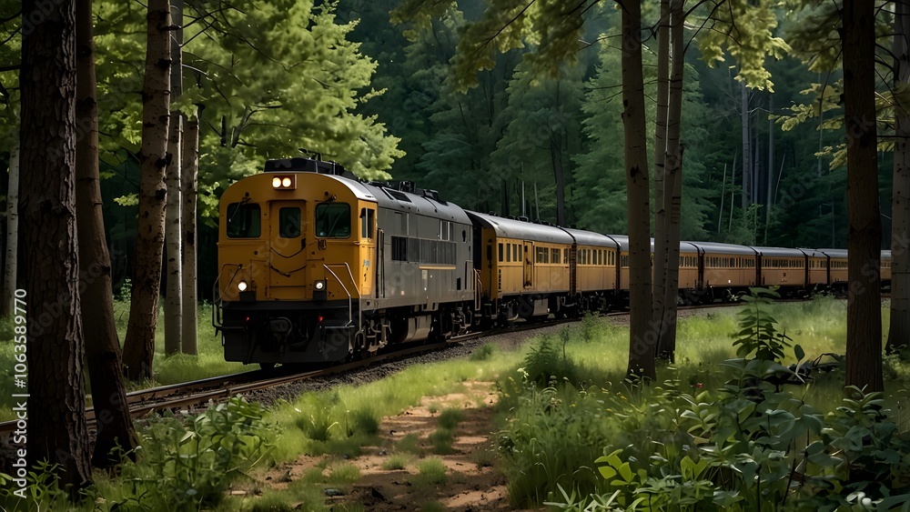 Fototapeta premium A train passing through a woodland on railroad tracks