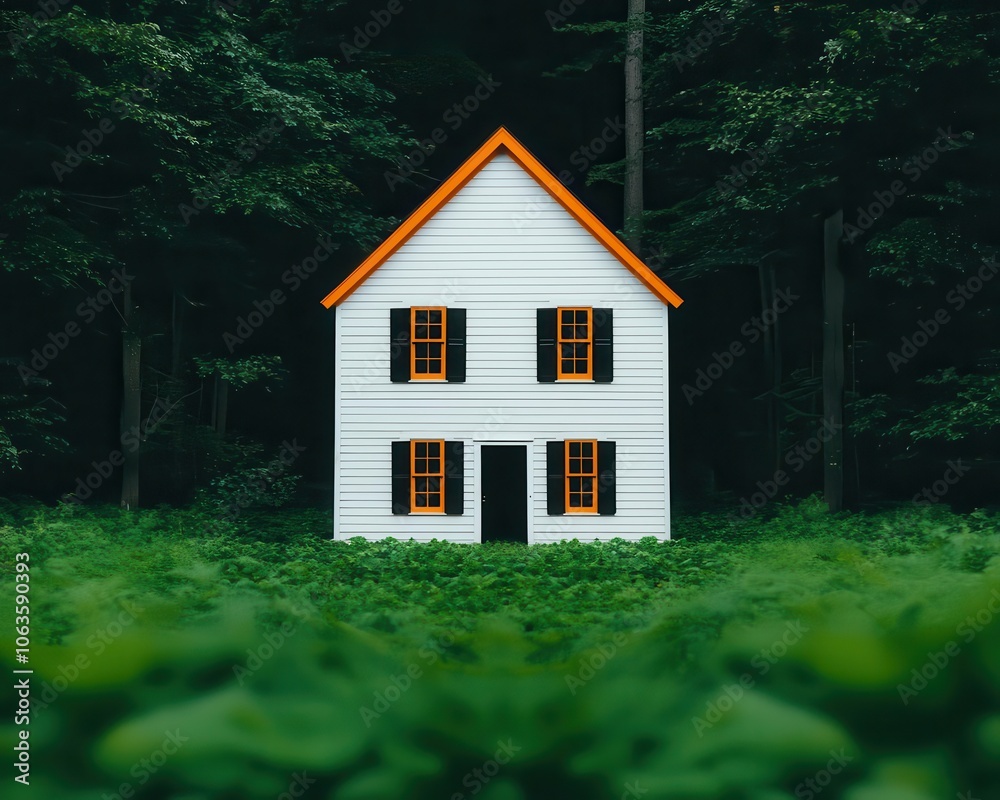 Colonial house framed by tall elm trees, spacious landscape, serene and classic