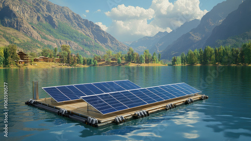 A floating solar panel array on a serene lake, surrounded by mountains and lush greenery under a bright blue sky. photo