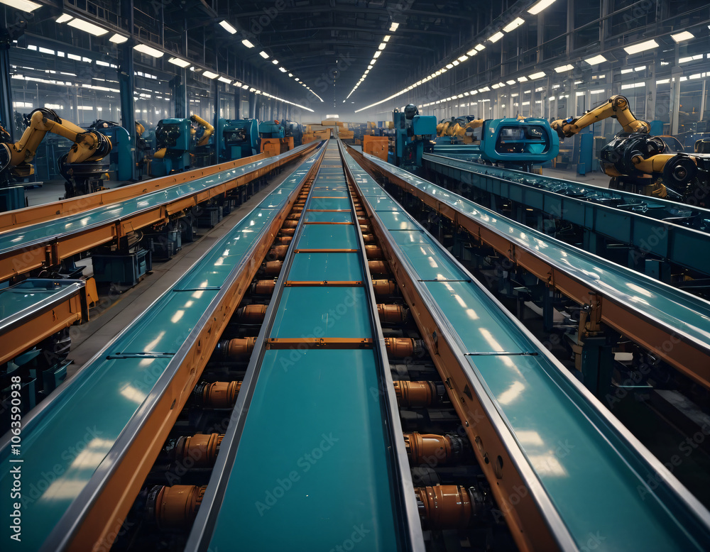 Conveyor at a car factory, robots collect cars. Conveyor at a car factory, robots collect cars.