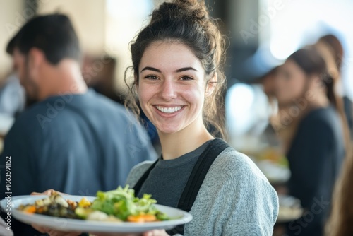 A young woman with an upbeat expression holds a plate of salad, reflecting community, freshness, and camaraderie in a lively kitchen setting.