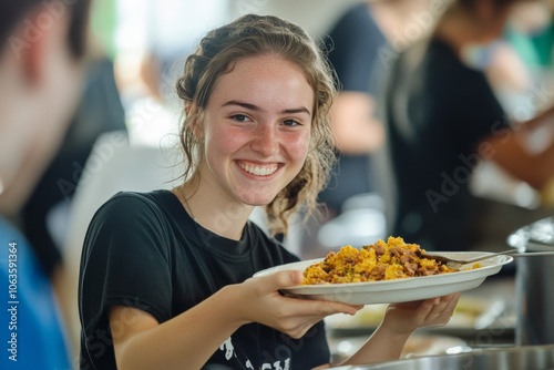 A young lady stands with a smile, presenting a vibrantly colored meal at a busy buffet, reflecting warmth and a sense of togetherness in hospitality. photo