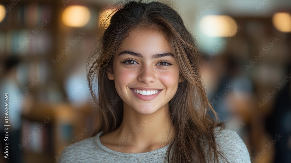 joyful girl student smiling brightly surrounded by the serene atmosphere of a university library filled with books showcasing her love for learning and knowledge