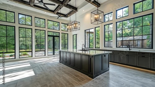 A modern kitchen with large windows overlooking a lush green backyard