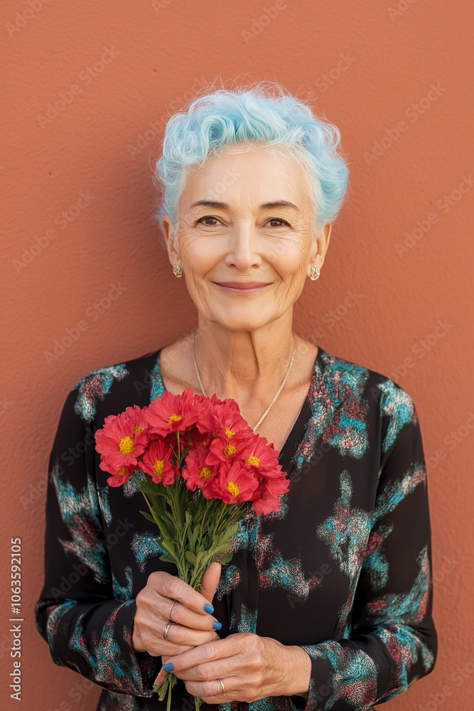 A woman with blue hair and a blue dress is holding a bouquet of red flowers. She is smiling and she is happy A woman with blue hair and a blue dress is holding a bouquet of red flowers. She is smiling and she is happy