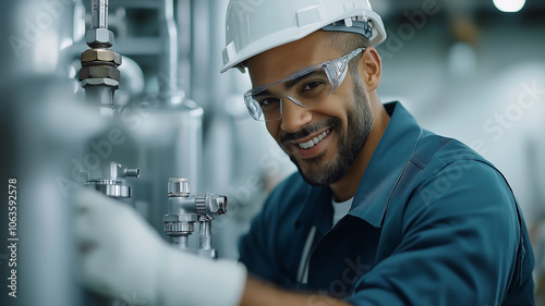 smiling technician in safety gear works on industrial plumbing systems, showcasing expertise and precision in modern facility