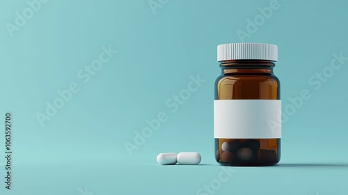 Brown glass pill bottle with blank label and white capsules on a light blue background, representing medication design.