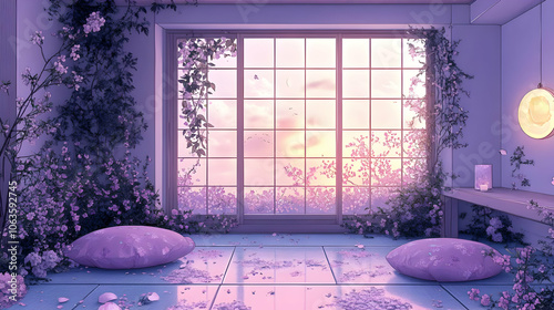 Purple Room with Large Wind...