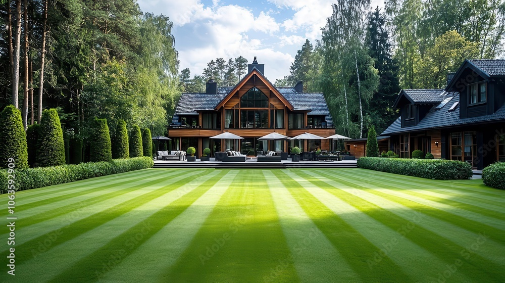 Large traditional house with towering trees in a spacious yard, classic landscaping Large traditional house with towering trees in a spacious yard, classic landscaping