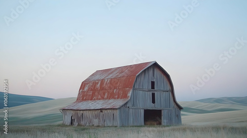 A weathered red barn stands alone in a field of golden wheat, with rolling hills and a blue sky in the background.