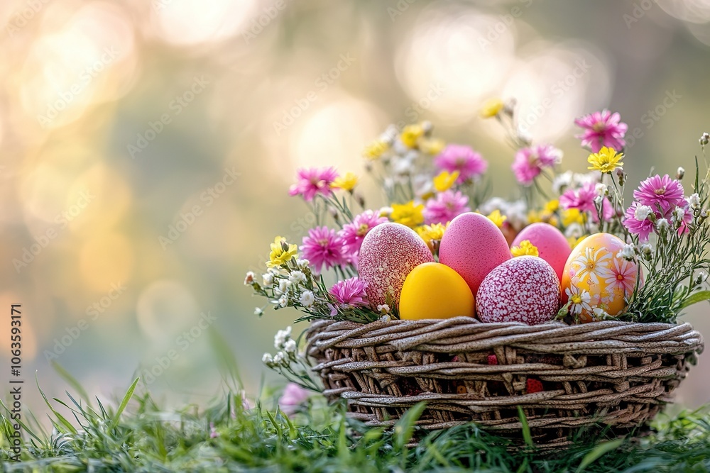 Colorful Easter eggs in basket with flowers on grass Colorful Easter eggs in basket with flowers on grass