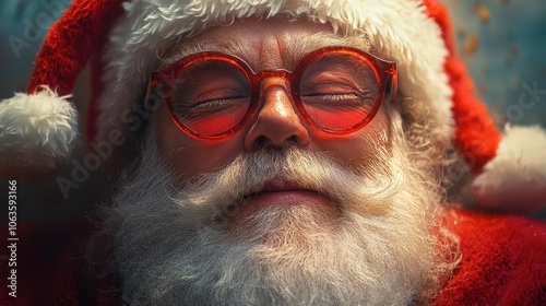 joyful santa claus with a twinkle in his eye clad in vibrant red attire and sporting quirky red eyeglasses radiating warmth and holiday cheer