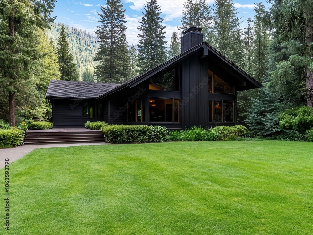 Spacious yard with tall pine trees, cozy traditional house, rustic woodsy exterior Spacious yard with tall pine trees, cozy traditional house, rustic woodsy exterior