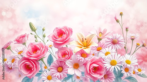 A Delicate Bouquet of Pink Roses, Daisies, and a Single Lily Against a Soft Pink Background