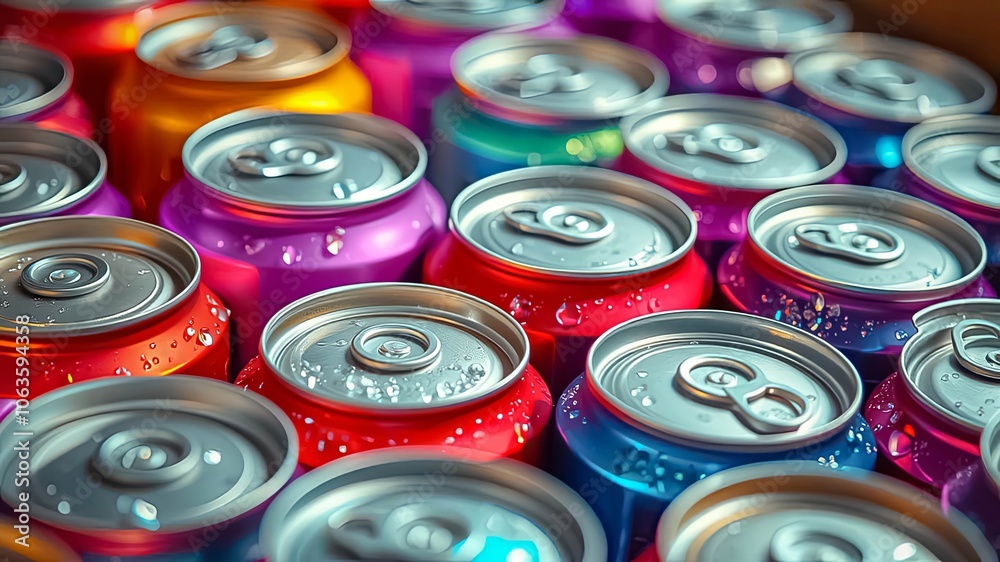 A symphony of colors and textures as aluminum cans glisten with condensation droplets, showcasing a visual feast of metallic hues and circular forms. A symphony of colors and textures as aluminum cans glisten with condensation droplets, showcasing a visual feast of metallic hues and circular forms.