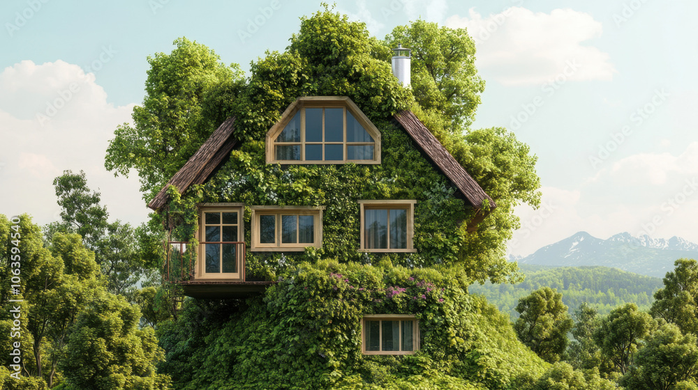 A lush, green house enveloped in climbing plants amidst a serene landscape, showcasing a blend of architecture and nature. A lush, green house enveloped in climbing plants amidst a serene landscape, showcasing a blend of architecture and nature.