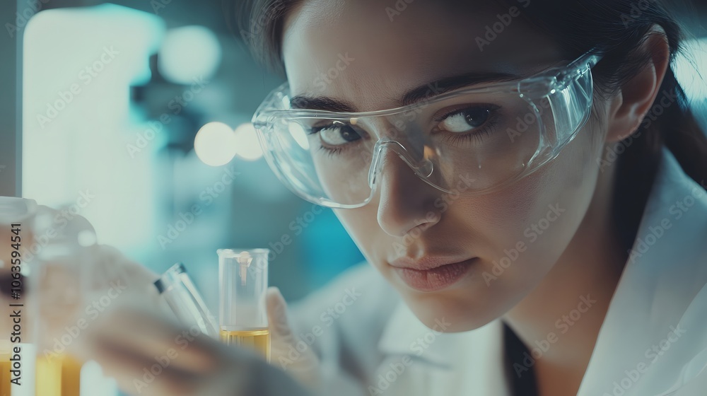 Close-up of a Female Scientist with Protective Goggles Inspecting Test Tubes in a Laboratory Setting Close-up of a Female Scientist with Protective Goggles Inspecting Test Tubes in a Laboratory Setting