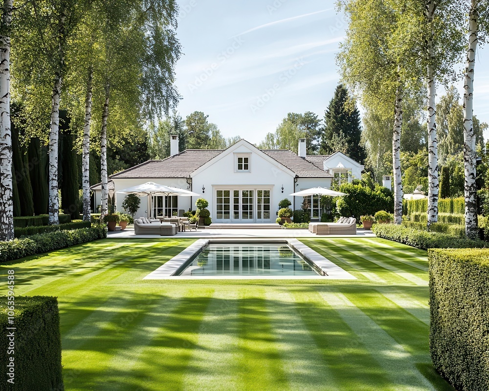 Expansive garden with towering birch trees, classic home, elegant and tranquil setting Expansive garden with towering birch trees, classic home, elegant and tranquil setting