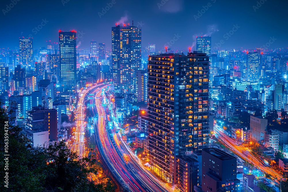 Fototapeta premium Vibrant city skyline illuminated by neon lights at night in Tokyo