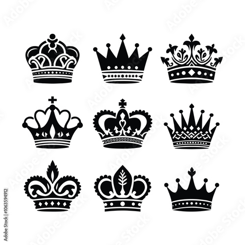 Crown vector design set collection, royal luxury symbols, black crown silhouettes, diverse crowns designs, isolated on a white background