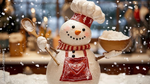 Snowman Chef in Winter Wonderland: A Whimsical Snowman Dressed as a Chef, Complete with Chef's Hat and Apron, Holding a Wooden Spoon and Mixing Bowl in a Festive Winter Setting photo