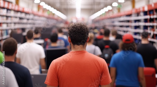 Wallpaper Mural A person stands at the forefront, facing a crowd in a store aisle filled with shelves, creating a sense of community and curiosity. Torontodigital.ca