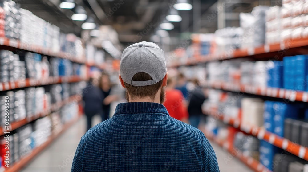 A man stands in a warehouse aisle, surrounded by shelves stocked with various products, creating a sense of exploration and shopping experience.