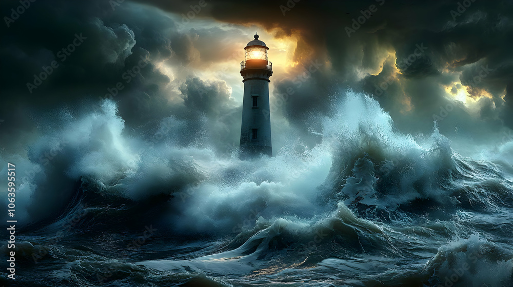 Lighthouse in Stormy Sea - Realistic Illustration Lighthouse in Stormy Sea - Realistic Illustration