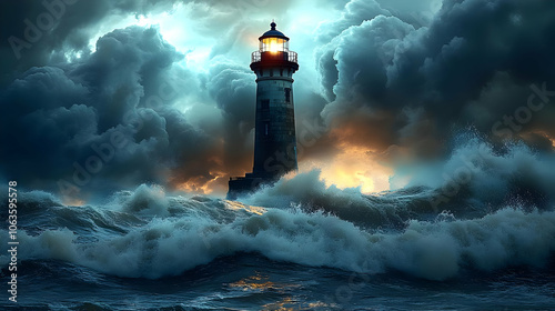 Lighthouse in Stormy Sea - ...