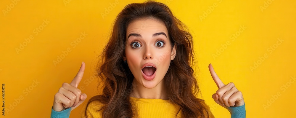 A surprised young woman with long hair gestures excitedly against a vibrant yellow background, expressing joy and enthusiasm. A surprised young woman with long hair gestures excitedly against a vibrant yellow background, expressing joy and enthusiasm.