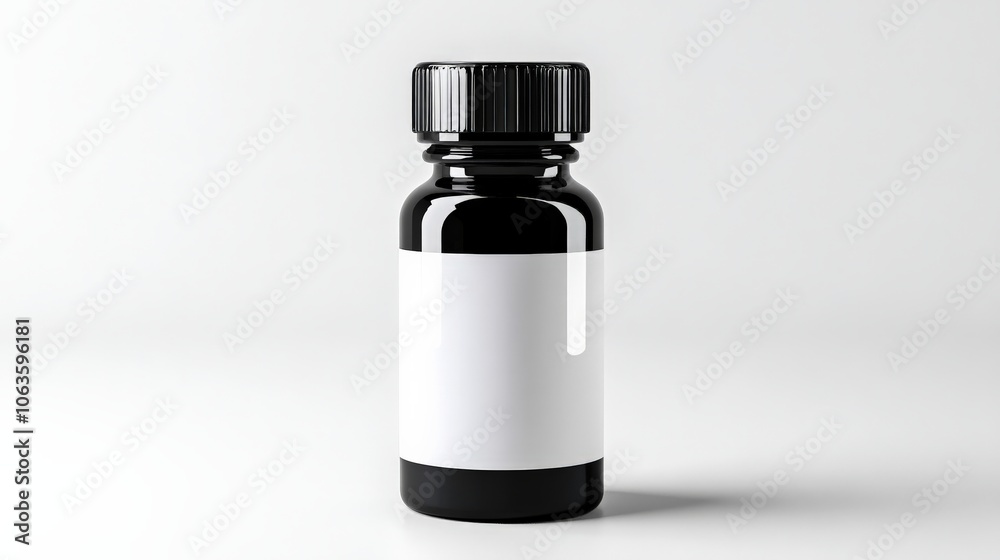 Essential Oil Bottle Mockup: A sleek black glass bottle with a white label, perfect for showcasing your brand's essential oils or aromatherapy products. Its simple design allows for customization.